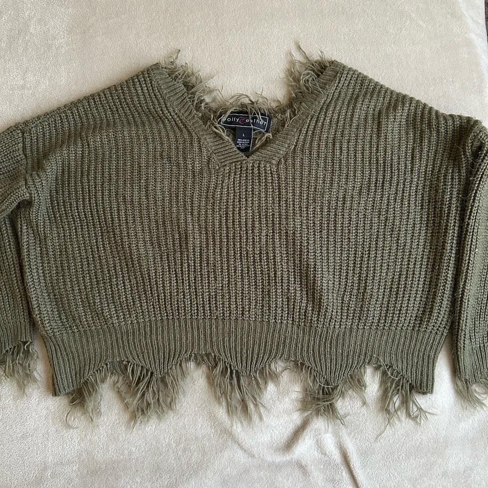 Olive Green Fringed Sweater